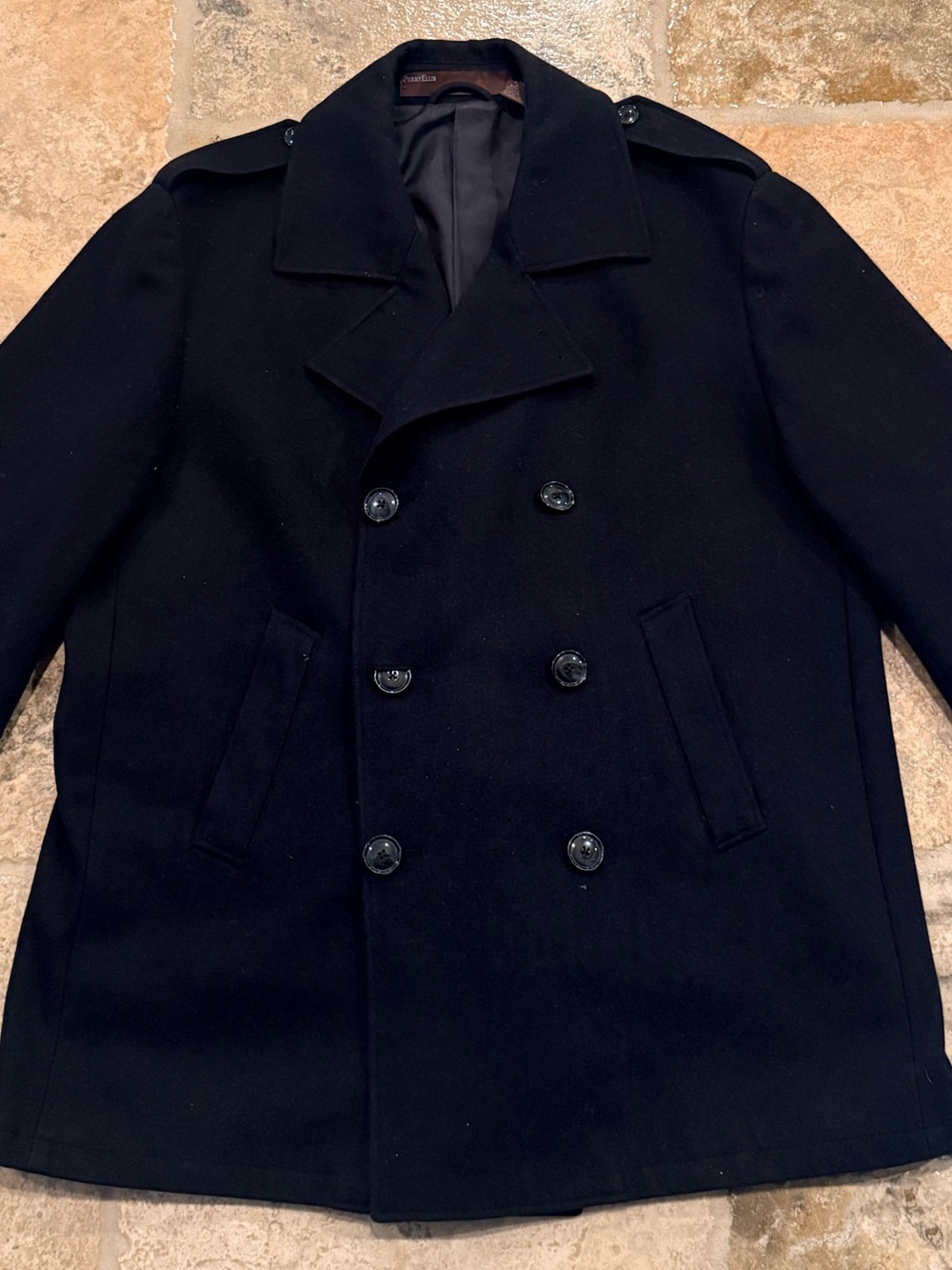 Perry Ellis Black Double-Breasted Wool Peacoat